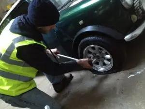 Mototyres 2 u Lee Cooper repairing classic Mini tyre puncture in Boston, Lincolnshire
