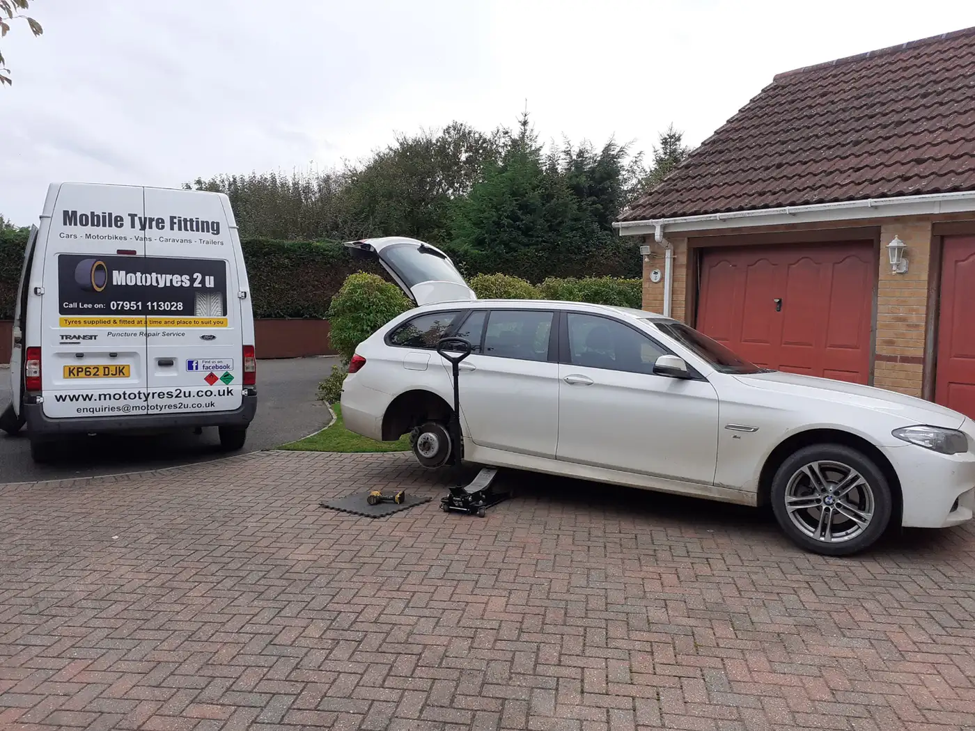 Mototyres 2 u Mobile Tyre fitting Lincolnshire Holbeach Tyres white bmw estate on drive